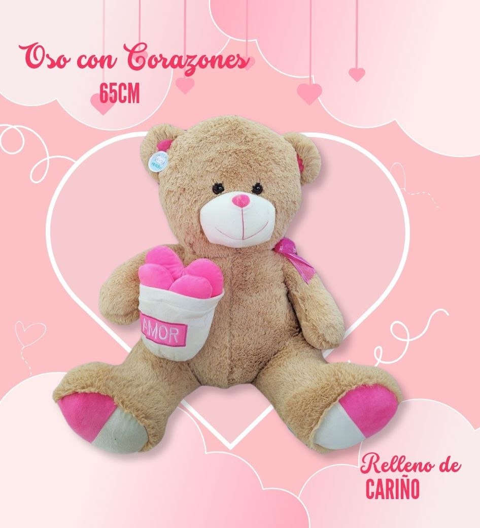Peluche oso con macetas y corazones 65cm